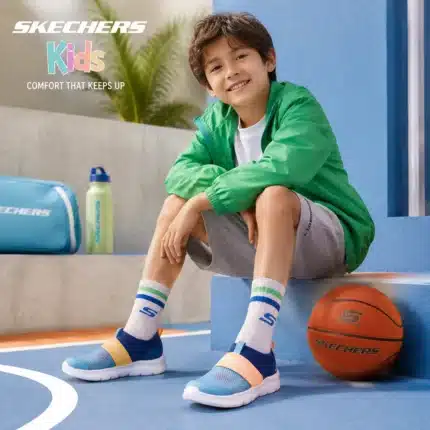 Basket skechers original bleu elastique saumon